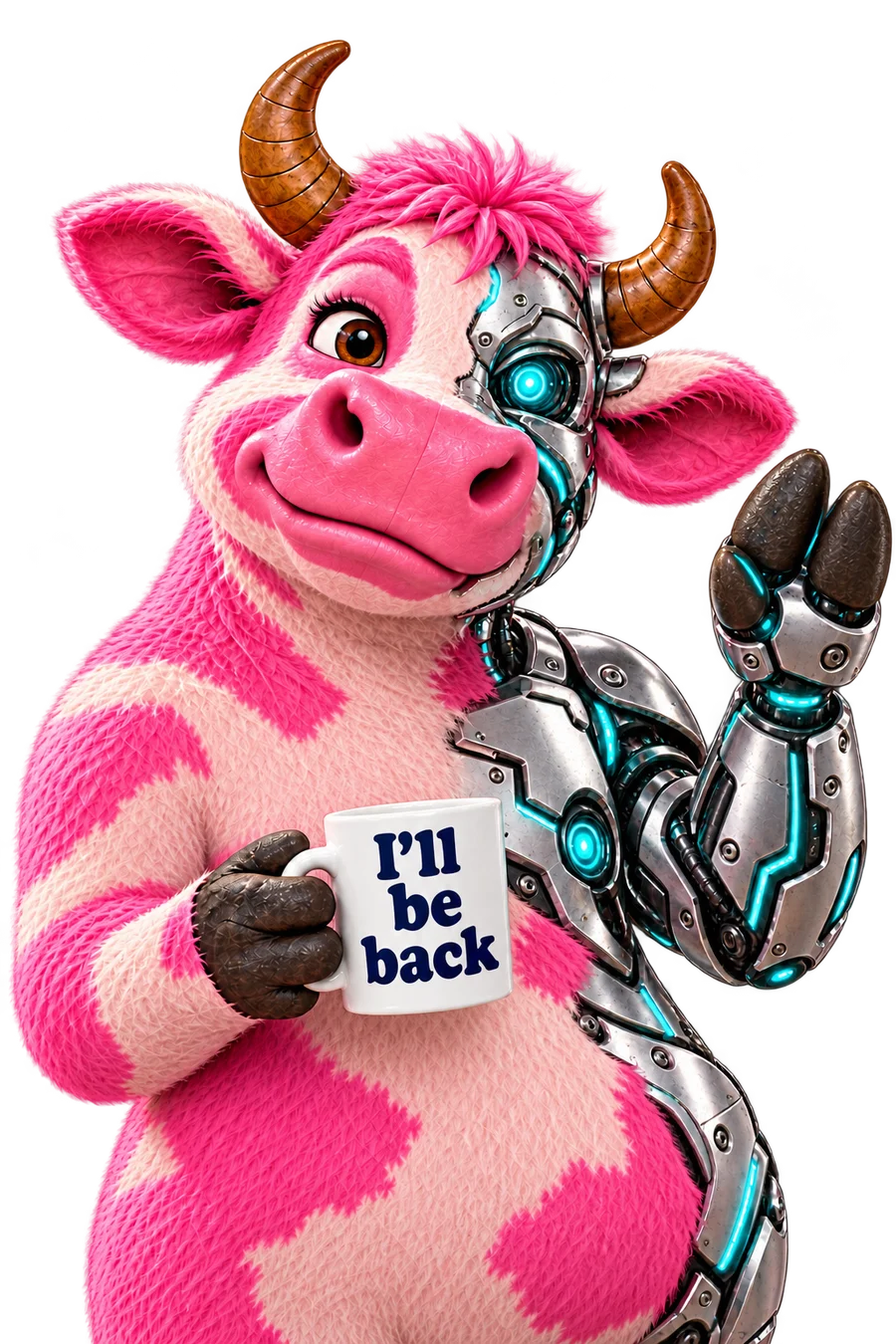 The Ideas Shed’s friendly pink cyborg cow holding an ‘I’ll be back’ coffee mug
